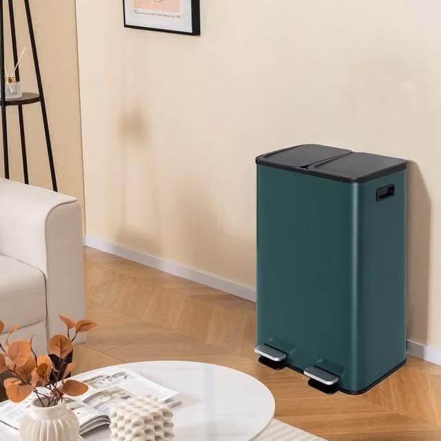 Costway 60L Dual Compartment Pedal Trash Bin with Soft Close and Fingerprint Proof Stainless Steel in Green
