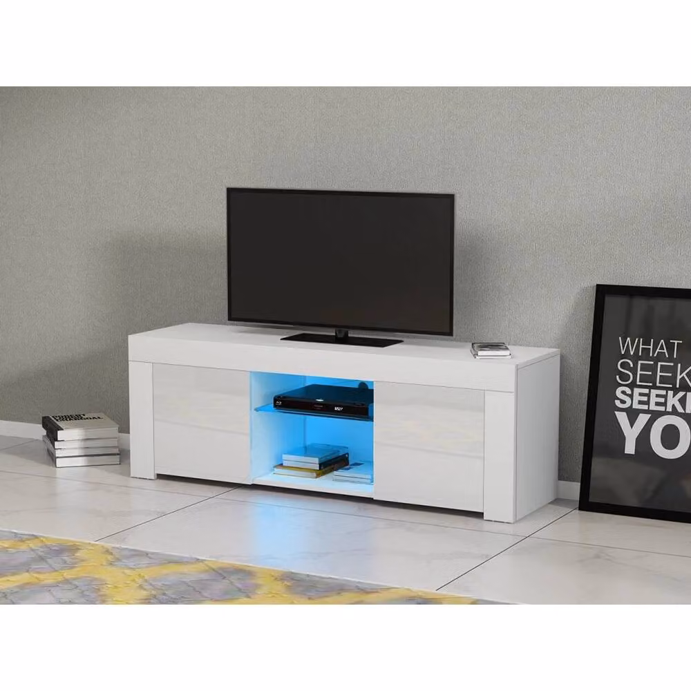 Kelvenix Modern White Glossy TV Unit Stand with Integrated Lighting and Glass Details – 2