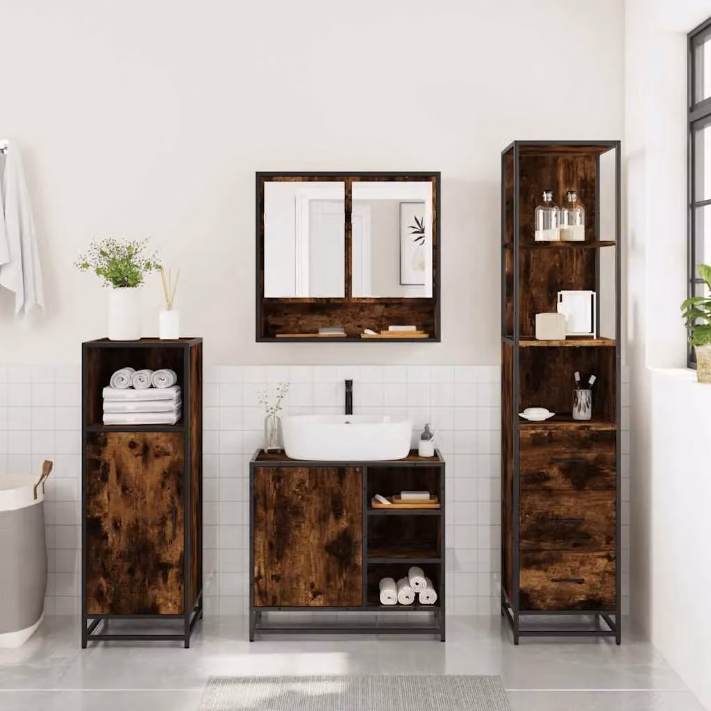 Berkfield Home 3 Piece Industrial Bathroom Furniture Set in Smoked Oak Brown – 3