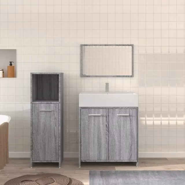 Berkfield Home 3 Piece Modern Grey Matt Bathroom Furniture Set with Vanity Unit and Mirror Cabinet – 1