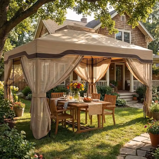 Outsunny Permanent Garden Gazebo with Shelving, Khaki, W: 360 cm, D: 300 cm, H: 300 cm