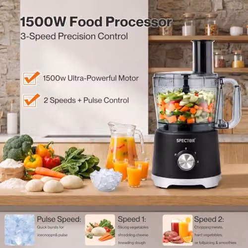 Spector Food Processor 1500W with 2.5L Bowl and 1.5L Glass Jug, Black – 7