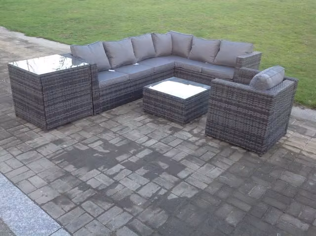 Fimous Rattan Corner Sofa Set with Chair, Coffee Table and Side Table in Dark Grey