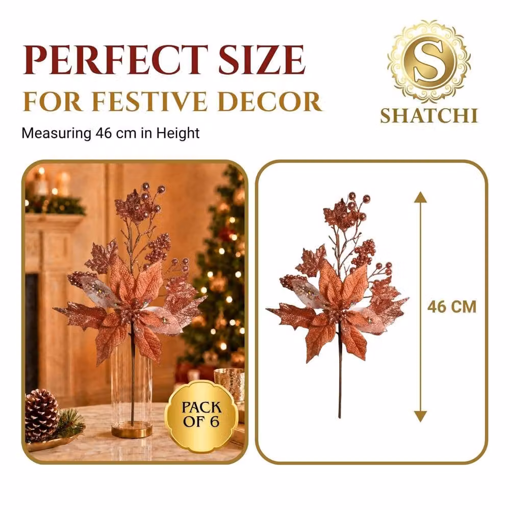 Shatchi Rose Gold Glitter Poinsettia and Berry Christmas Picks, 6 Pack, Height: 46 cm – 3