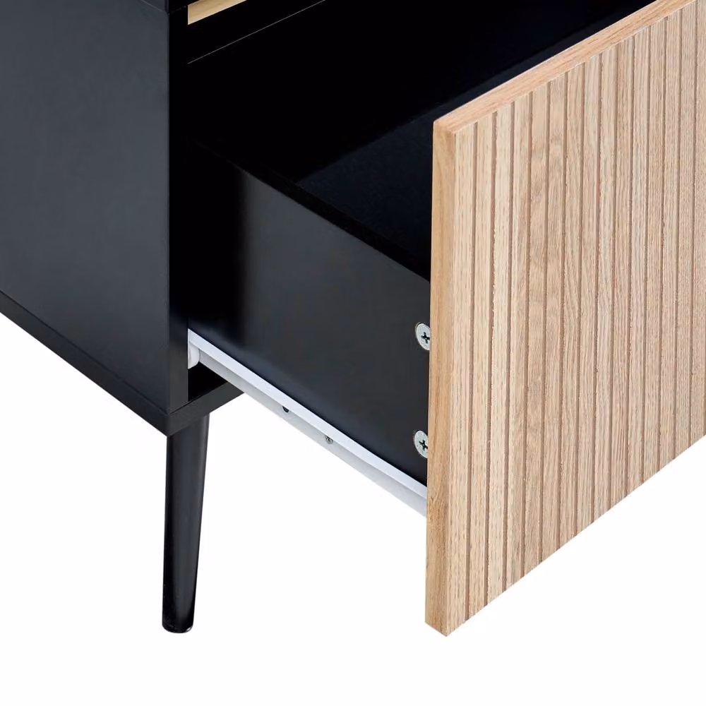 Wyld and Coco Bedside Table in Black MDF with Ribbed Natural Ash Front and 1 Drawer, W/D/H: 40 x 40 x 50 cm – 5