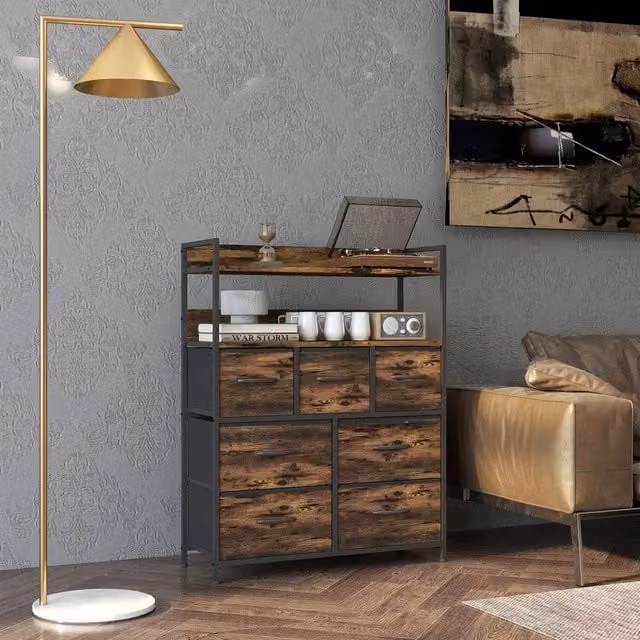 STILVORA Seven Drawer Chest of Drawers with Steel Frame in Rustic Brown – 1