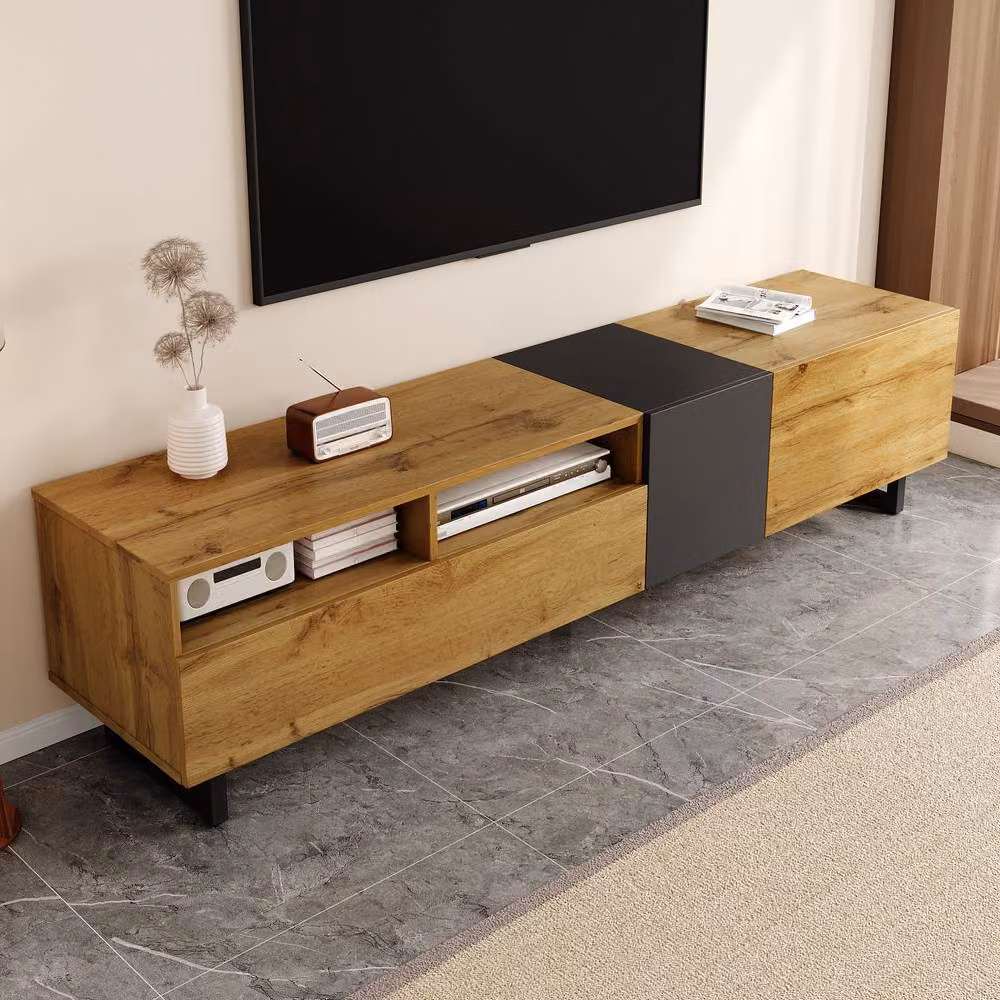Merax Retro Wood Grain TV Cabinet with 3 Doors and U-Shaped Metal Legs in Sand, W: 170 cm, D: 42 cm, H: 42 cm – 3