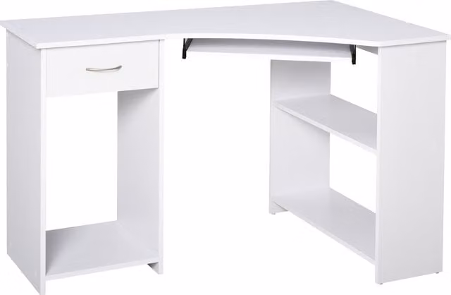 HOMCOM L-Shaped Corner Computer Desk with 2 Shelves, Keyboard Tray and CPU Stand in White