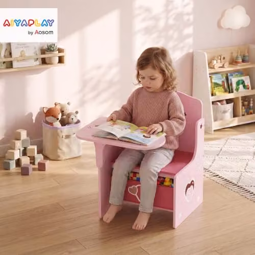 AIYAPLAY Kids Table and Chair Set with Play Wells and Tilting Top, Pink Writing Desk for Children Aged 3-6 Years – 2
