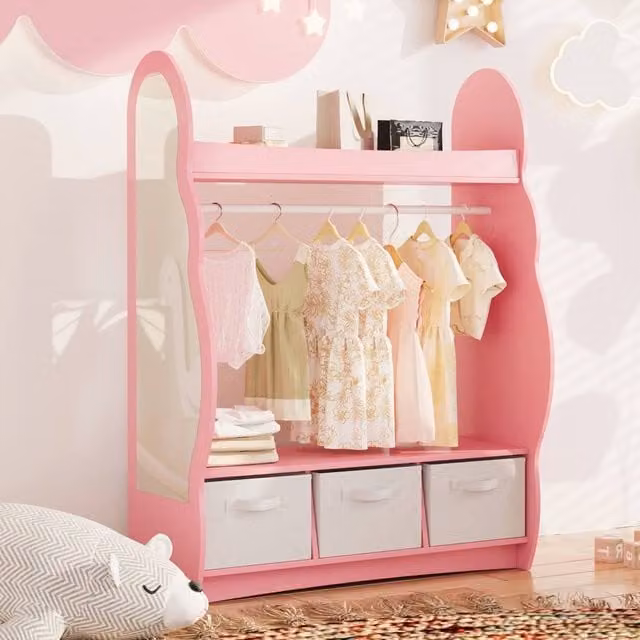 KEEPREAPER Pink Kids Wardrobe with Mirror, Integrated Drawers and Open Shelf
