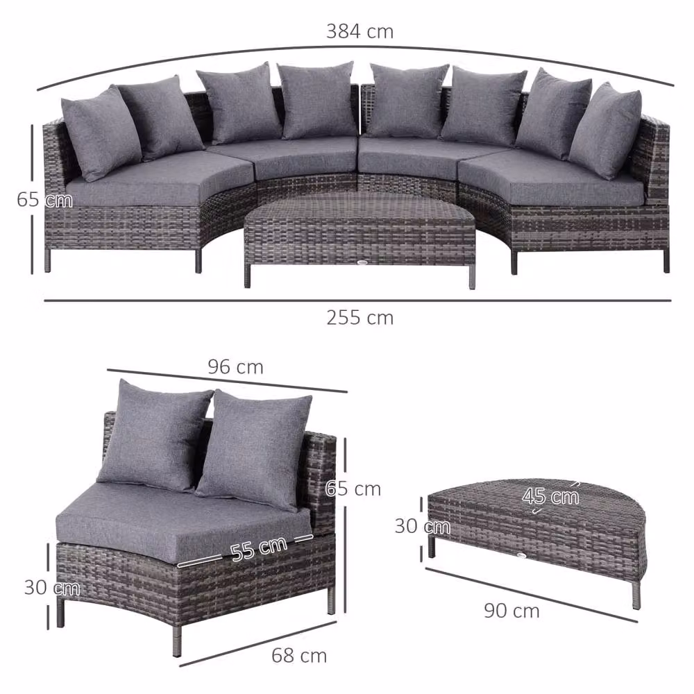 Wyld Haus Reka Grey 5 Piece Half Round Outdoor Rattan Sofa Set with Coffee Table – 3