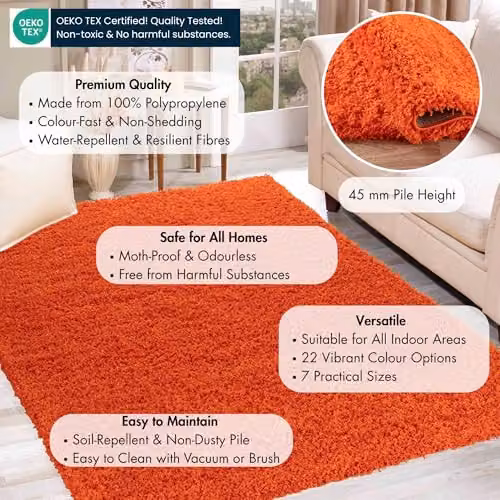 Serdim Rugs Orange Plain Machine Woven Shaggy Living Room Area Rug, W: 160 cm, L: 230 cm – 2