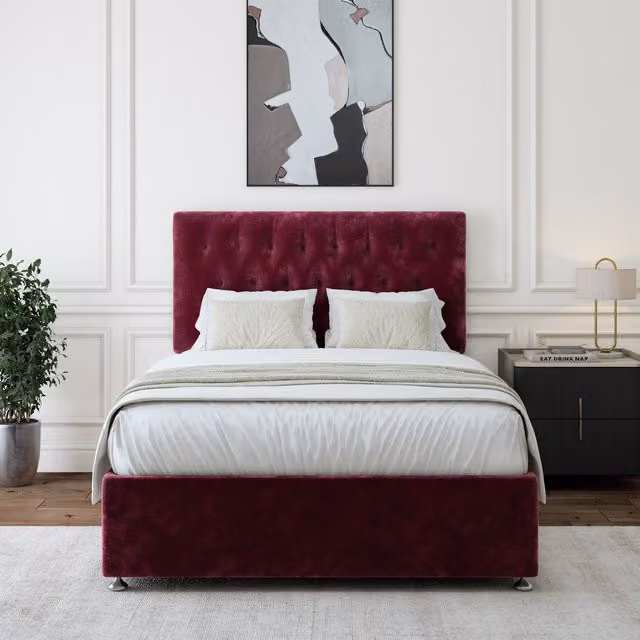 Bedmaster Double Upholstered Divan Base with 2 Drawers and Button Headboard in Purple Velvet, W: 140 cm, D: 200 cm