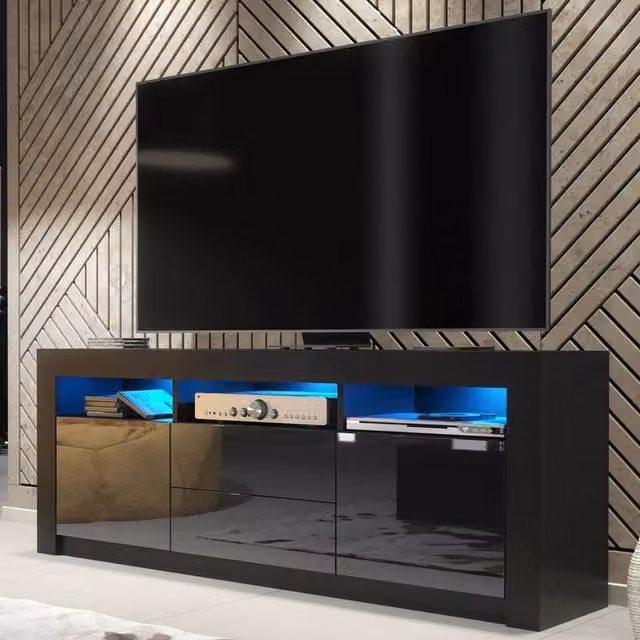 FORGEVIO Modern Black TV Stand Cabinet with Matt Body and Gloss Doors