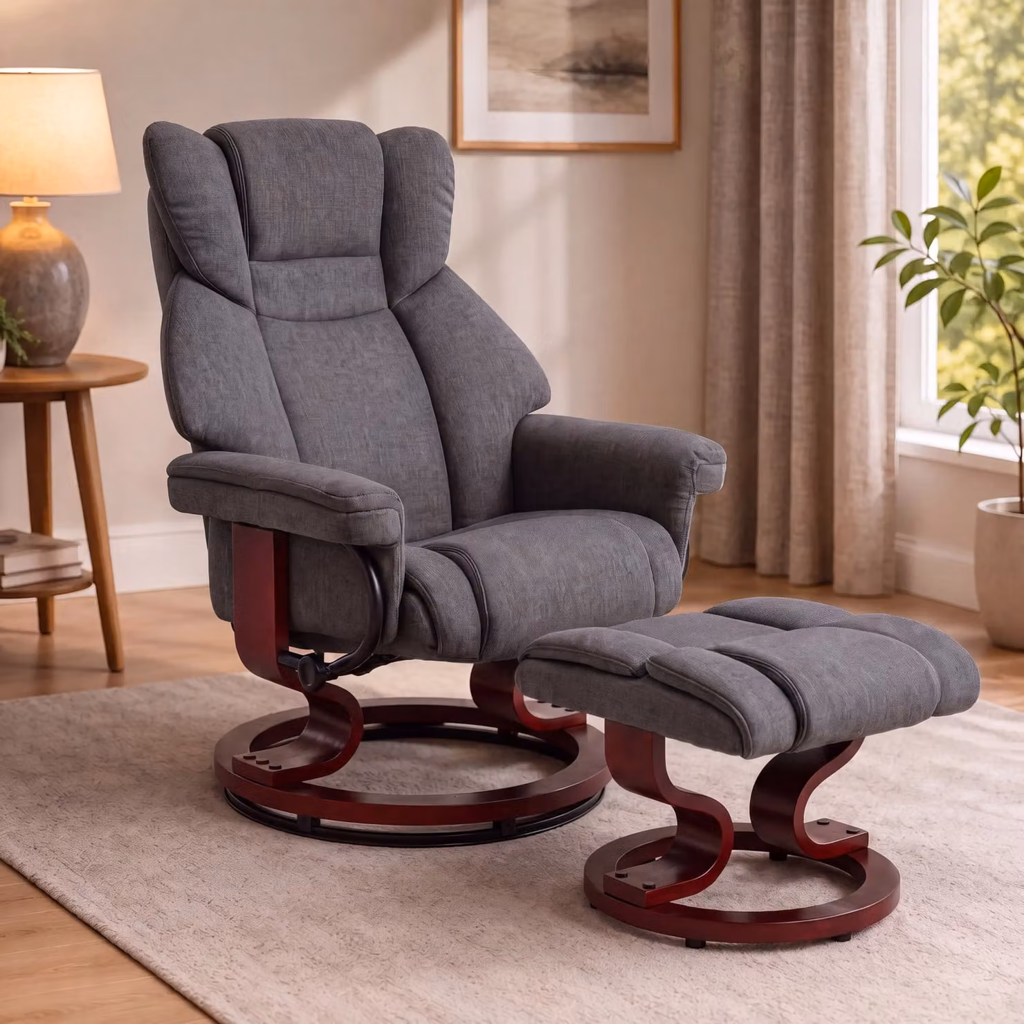 DHS Swivel Recliner Armchair with Ottoman in Grey and Black Fabric and Synthetic Leather