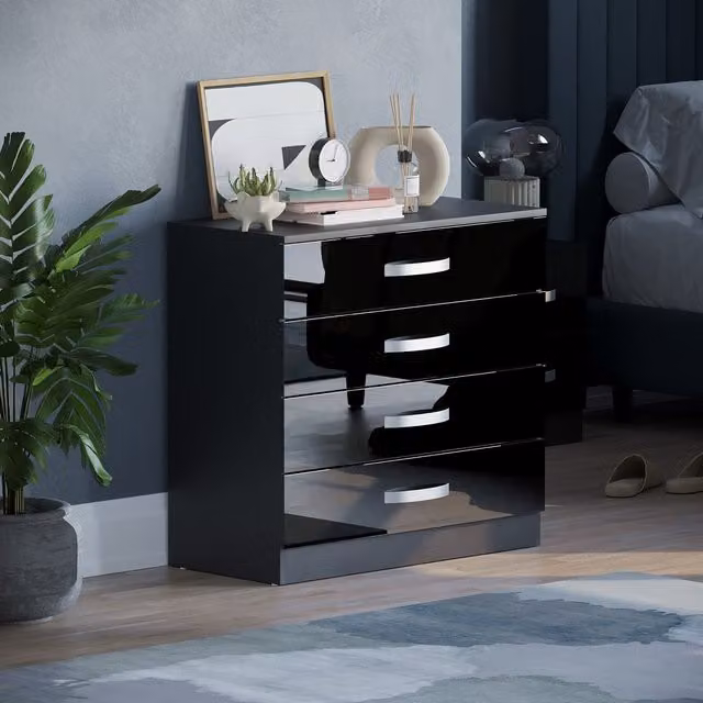 Hulio 4 Drawer Chest of Drawers in Black Glossy Finish