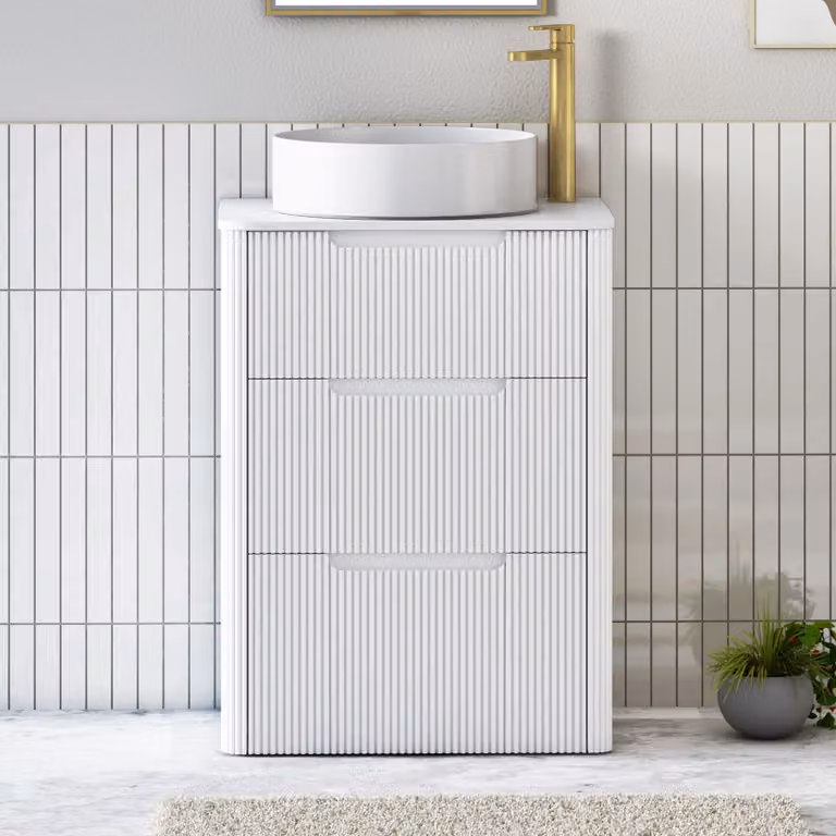 Royal Bathrooms Avenza Matt White Floor Standing 3 Drawer Vanity Unit with Plain White Worktop and Art Round Basin Width: 60 cm