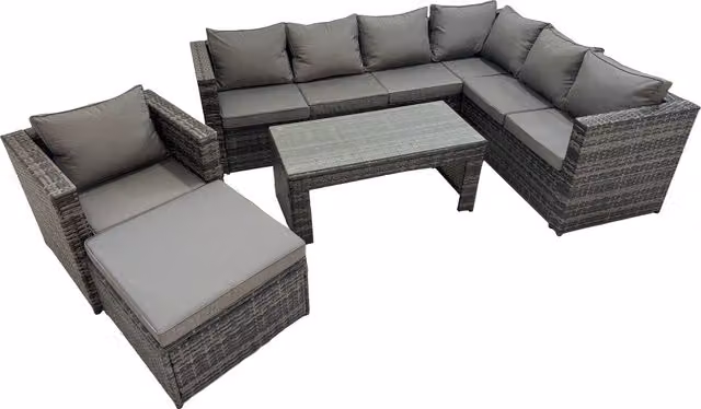 Fimous 8-Seater Dark Grey Mixed Rattan L-Shape Corner Sofa Set with Ottoman and Tempered Glass Coffee Table