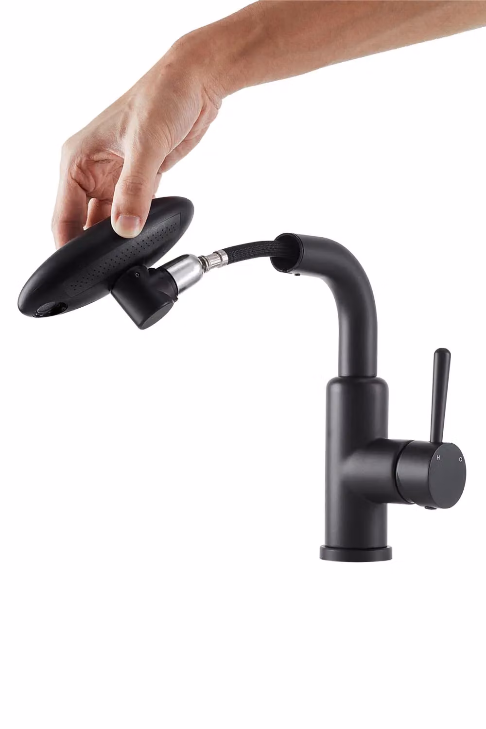 H&O Direct Matt Black Stainless Steel Retractable Kitchen Faucet with Pull-out Swivel Spout and Spray Function – 4