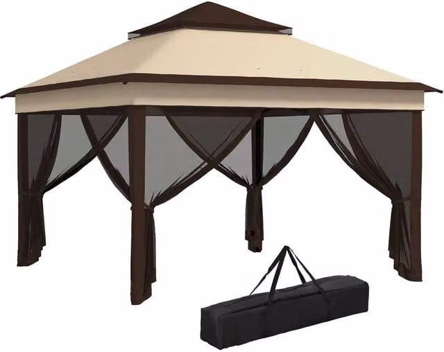 Matteo Beige Pop Up Gazebo with Mesh Walls and UPF 30+ Protection, W/D/H: 326 x 326 x 272 cm – 1