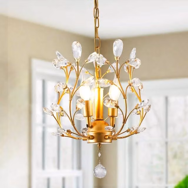 NIVOR Vintage 3 Light K9 Crystal Pendant Chandelier in Gold and Transparent Glass – 1