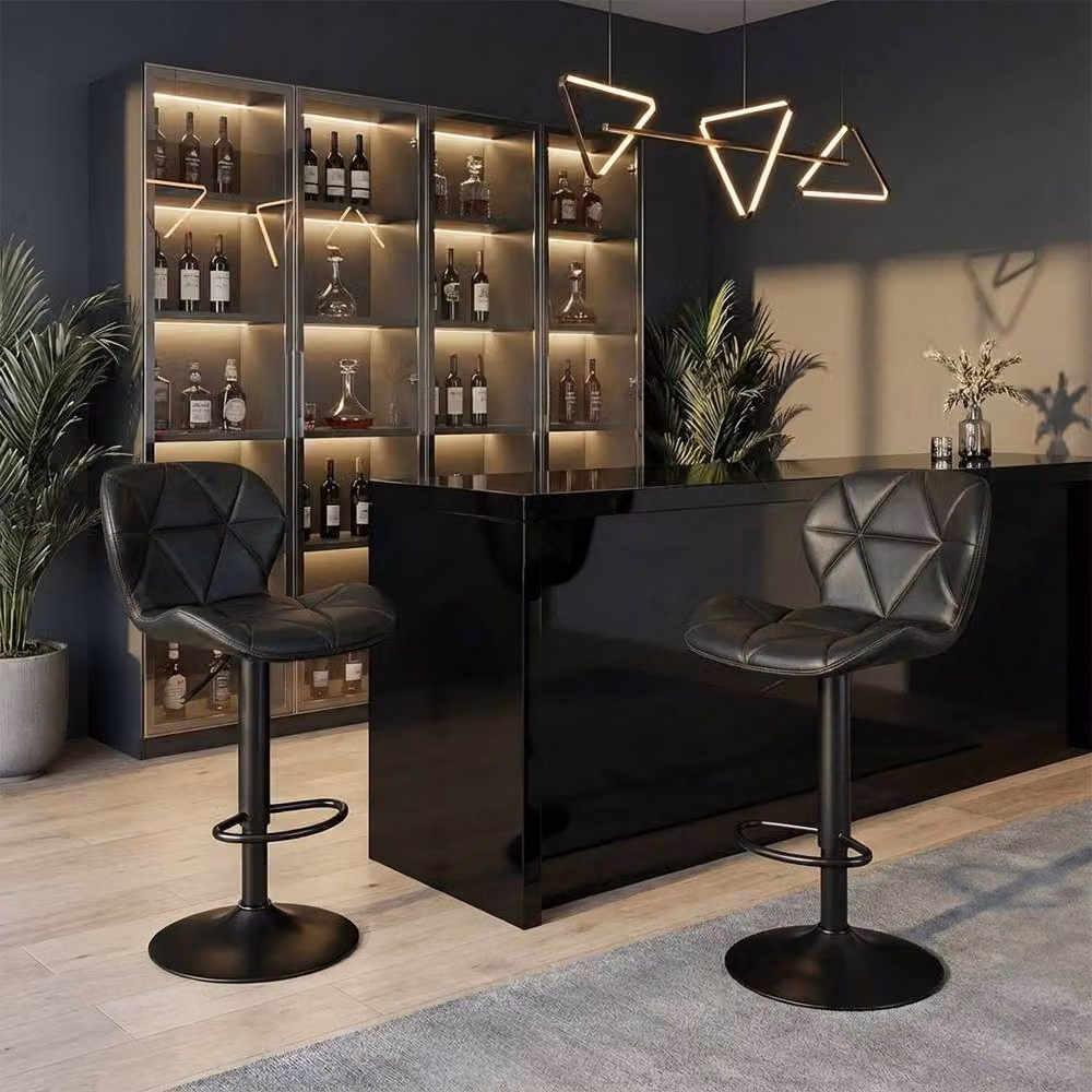Alivio Set of 2 Modern Faux Leather Adjustable Bar Stools with Backrest and 360 Degree Swivel in Black – 2
