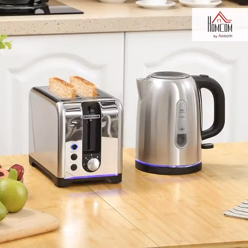 HOMCOM Kettle and Toaster Set in Silver and Blue Stainless Steel – 2