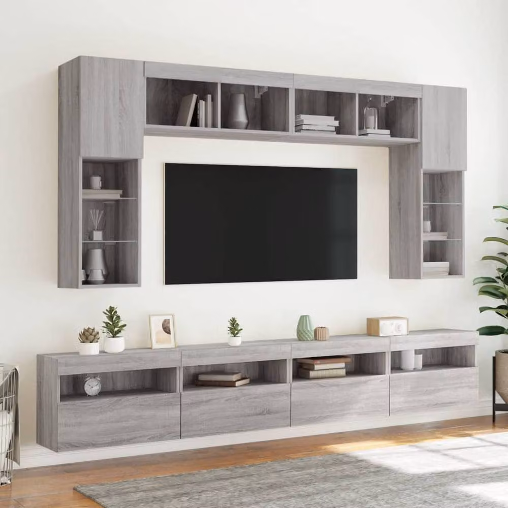 Berkfield Home Set of 2 Modern Grey Sonoma TV Wall Cabinets with LED Lights, W/D/H: 60 x 30 x 40 cm – 6