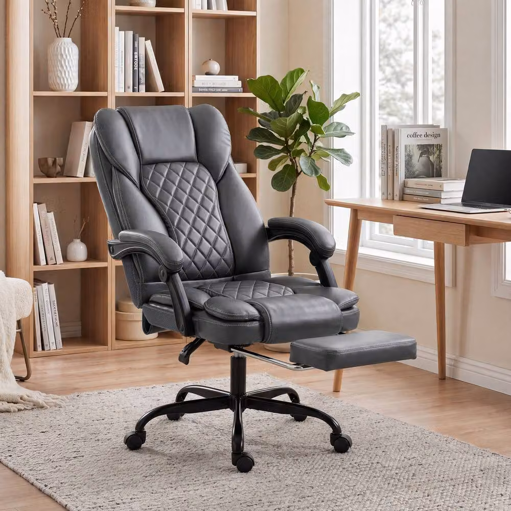 STILVORA Grey Synthetic Leather Office Chair with Footrest and Headrest – 2