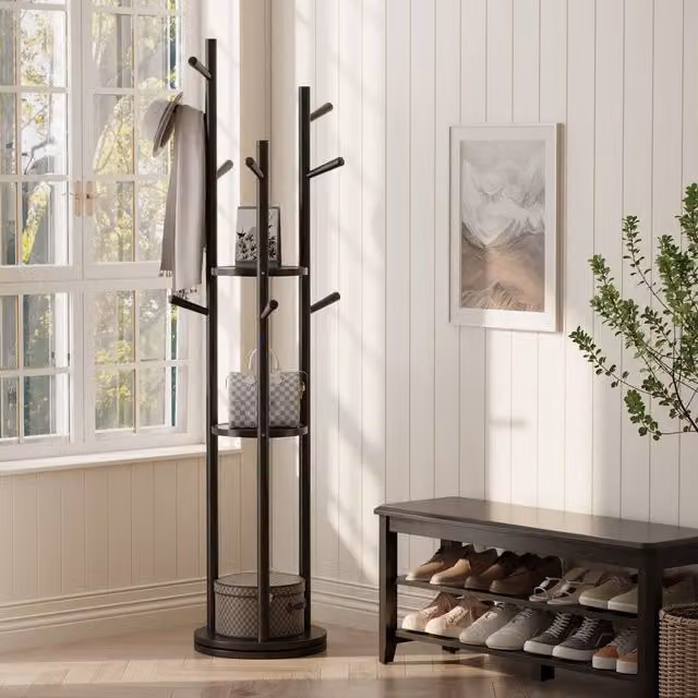 YQJJGL Black Solid Wood Freestanding Coat Rack with 3 Storage Shelves and Hooks, H 164 x W 40 x D 40 cm