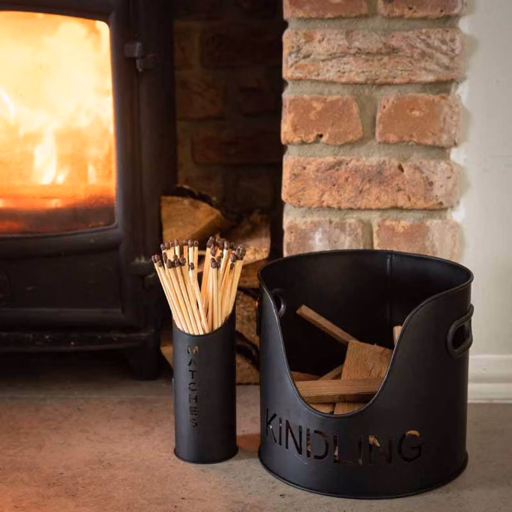 Lemon Pavilion Furniture and Decor Metal Logs and Kindling Buckets and Matchstick Holder, Black, H: 32 cm – 6