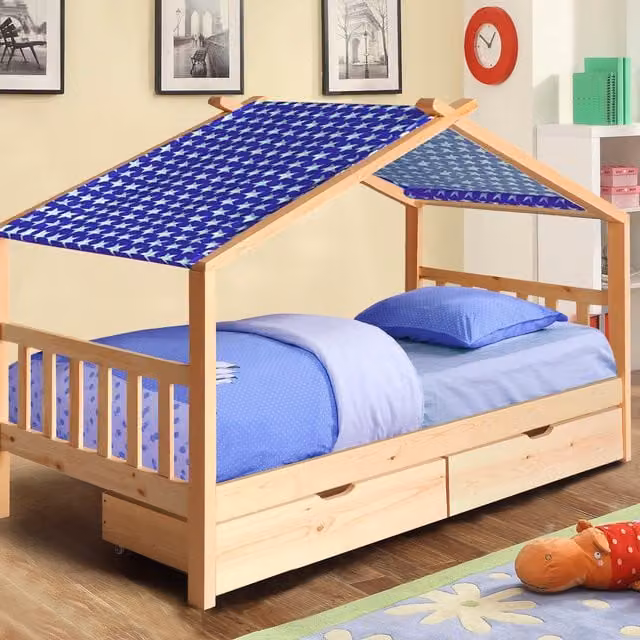 Comfy Living Childrens Solid Wood House Storage Bed with Drawers, Blue, W/D/H: 90 x 190 cm
