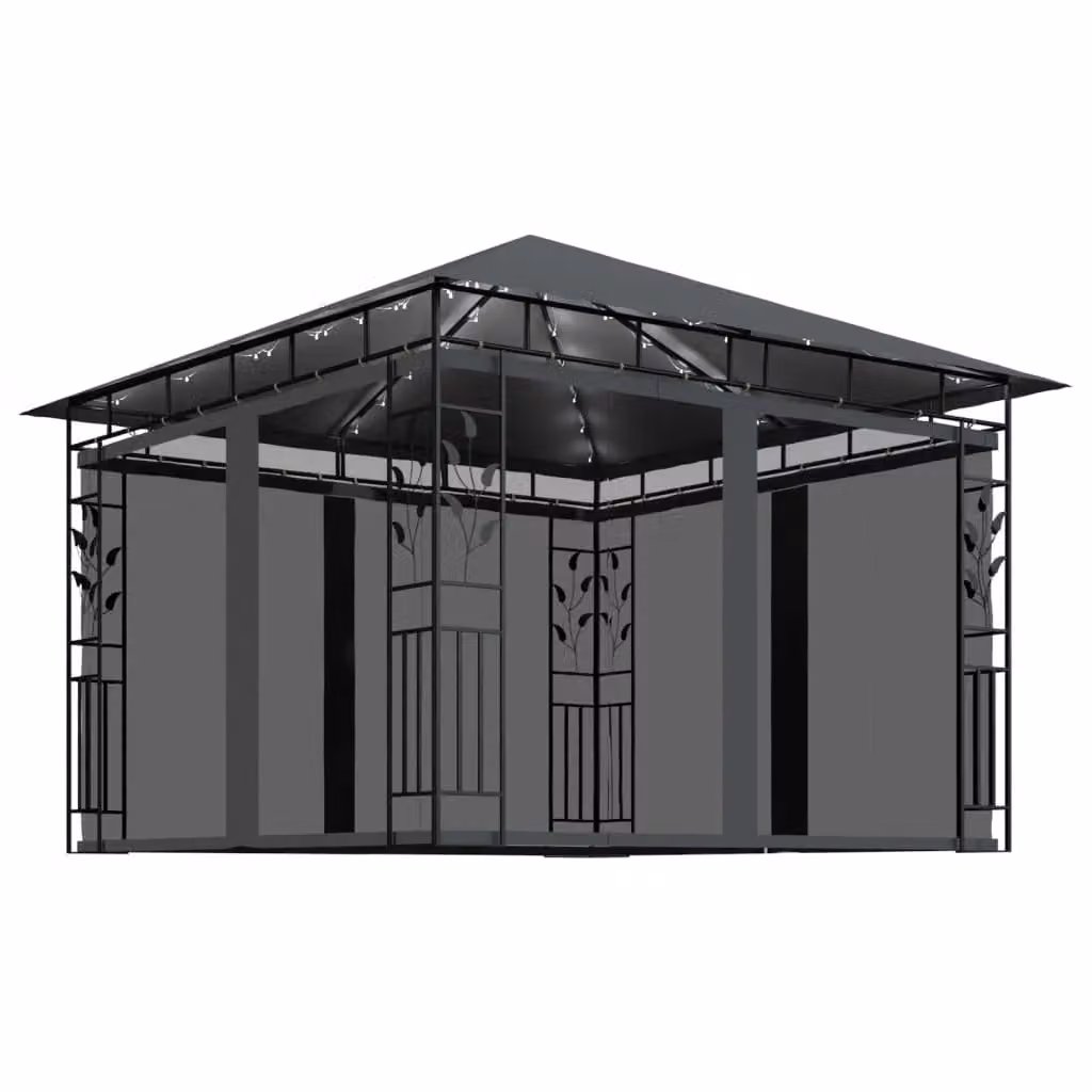 Berkfield Home Anthracite Gazebo with Mosquito Net and LED String Lights, W/D/H: 300 x 300 x 273 cm – 1