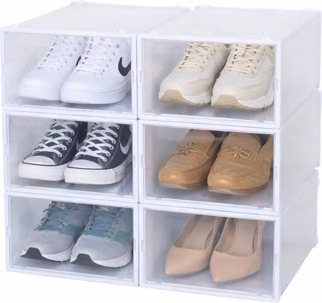 Periea Large Stackable Plastic Shoe Storage Boxes, Pack of 6, Transparent/White