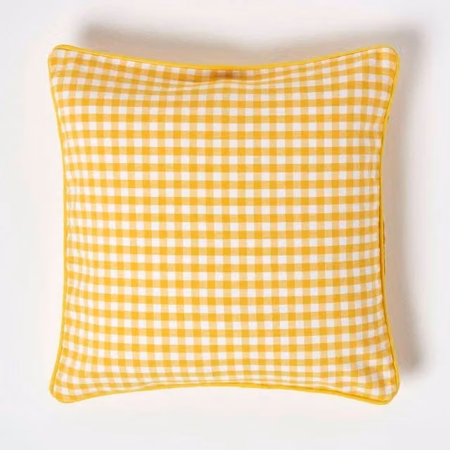 Homescapes Yellow Cotton Gingham Check Square Cushion Cover, 45 x 45 cm