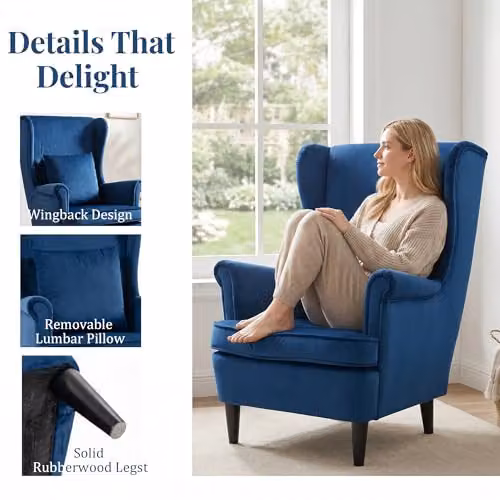 HOMCOM Modern Blue Velvet Wingback Accent Chair with Armrests, W/D/H: 75 x 75 x 104 cm – 4