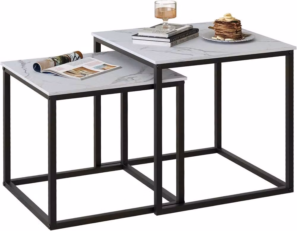 Huhote Set of 2 Nesting Tables with White Marble Finish Tops and Black Metal Frames – 2