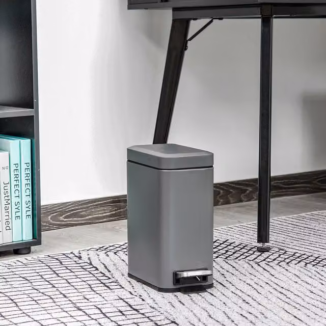 HOMCOM Grey Rectangular Compact Steel Pedal Bin with Removable Inner Bucket and Soft Close Function