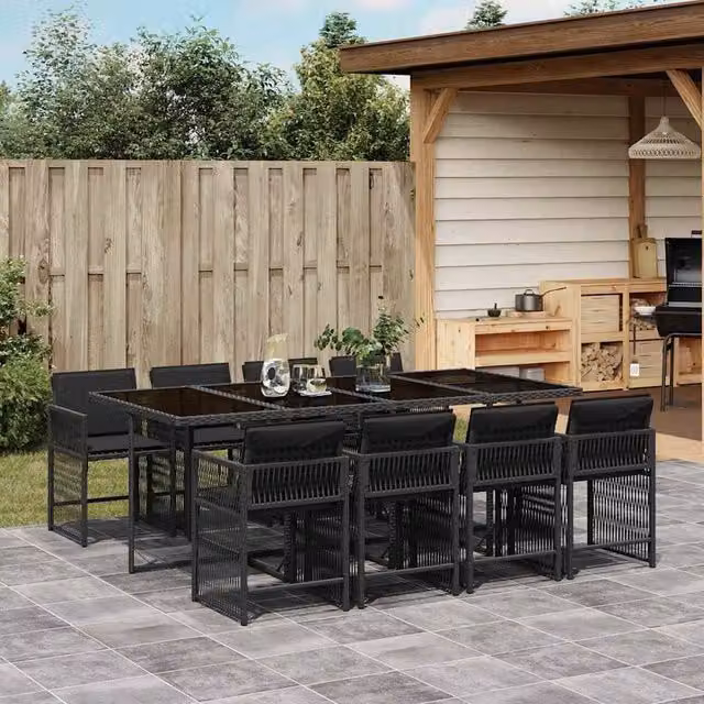 Berkfield Home 9 Piece Black Poly Rattan Garden Dining Set with Cushions and Glass Table
