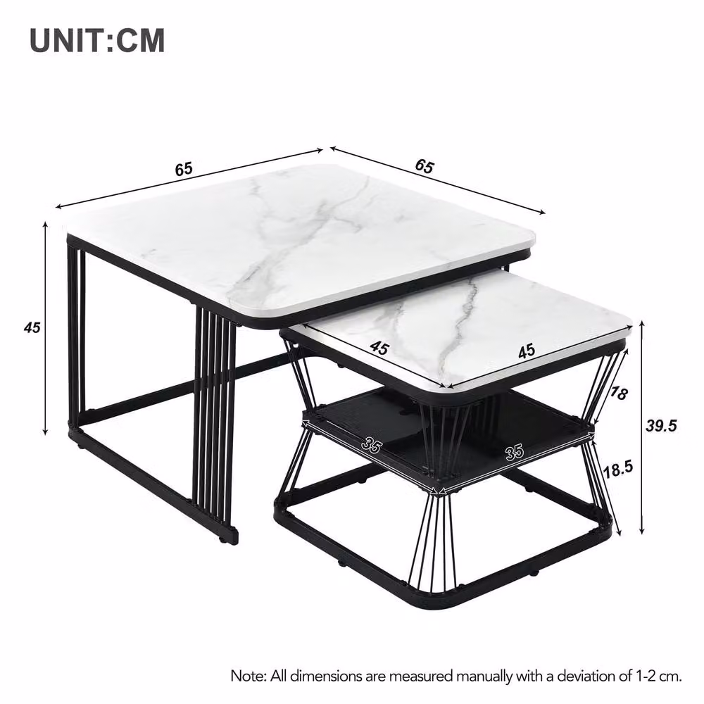 STILVORA Nest of 2 Square Coffee Tables with White Marble Effect MDF Tops and Metal Frame – 3