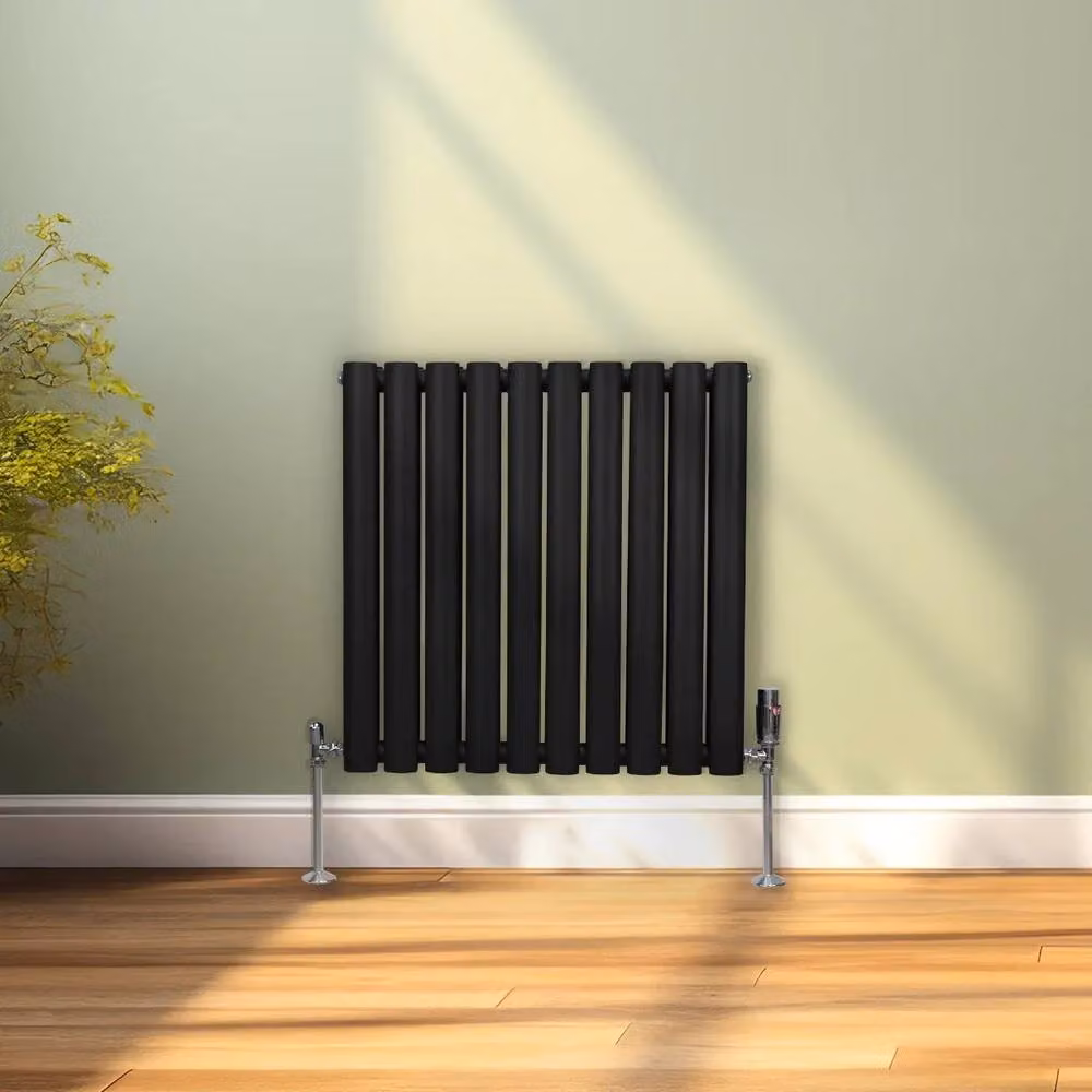 Monstershop Oval Column Radiator and Valves with Thermostat Head, Black, H 60 cm x W 60 cm x D 6 cm – 4