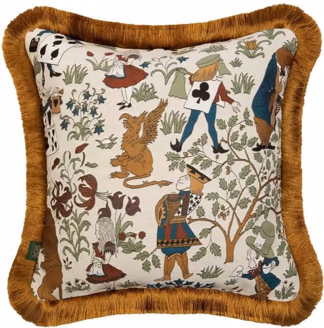House of Hackney Alice in Wonderland Medium Fringed Jacquard Cushion in White and Multicolour, W/D/H: 45 x 45 x 45 cm
