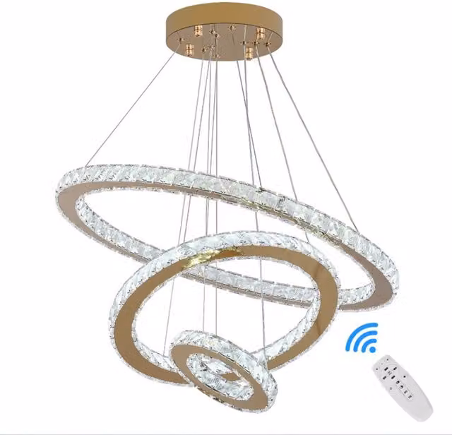 Bath Plus TB+ Modern Ring Crystal Pendant Light with Remote Control and Adjustable Height in Silver or Gold/Brass