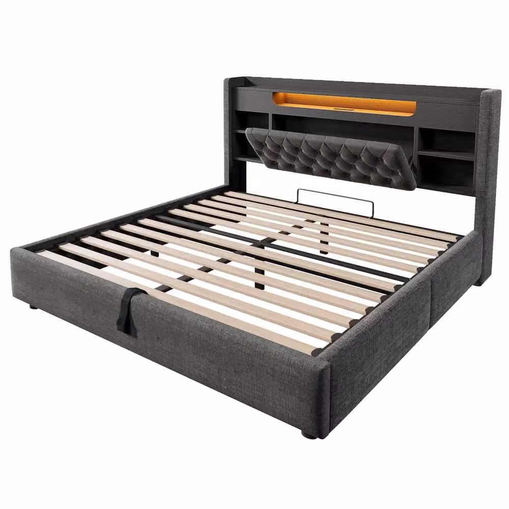 FENCHILIN Upholstered LED Bed Frame with Hydraulic Storage and Charging Station, Grey, W/D/H: 200 x 188 x 115 cm – 3