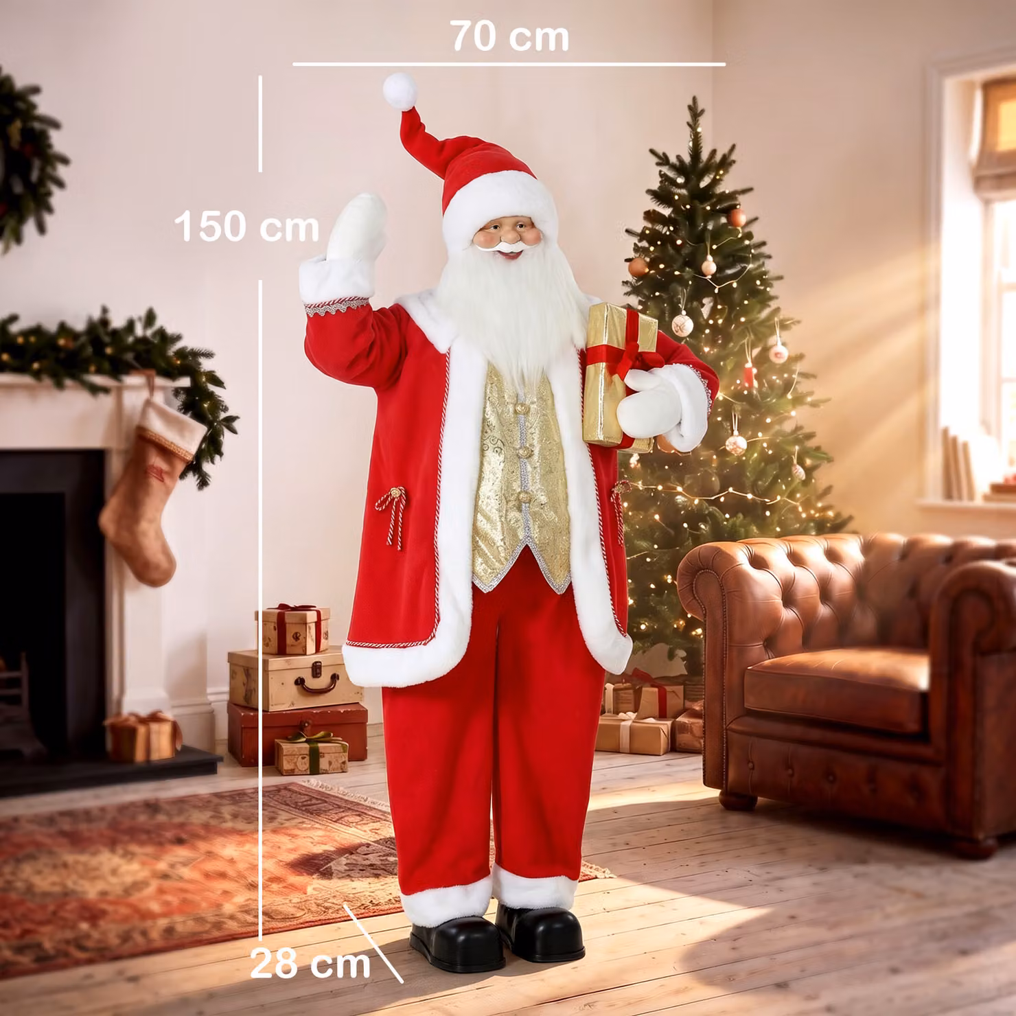 HOMCOM 5ft Life Size Singing Santa Claus Animated Christmas Figure in Red and Gold with Bell and Wreath, Height: 152.4 cm – 3