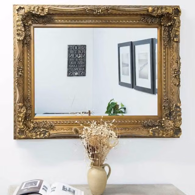 MirrorOutlet Antique Style Carved Louis Rectangular Wall Mirror in Gold, W/H: 122 x 91 cm