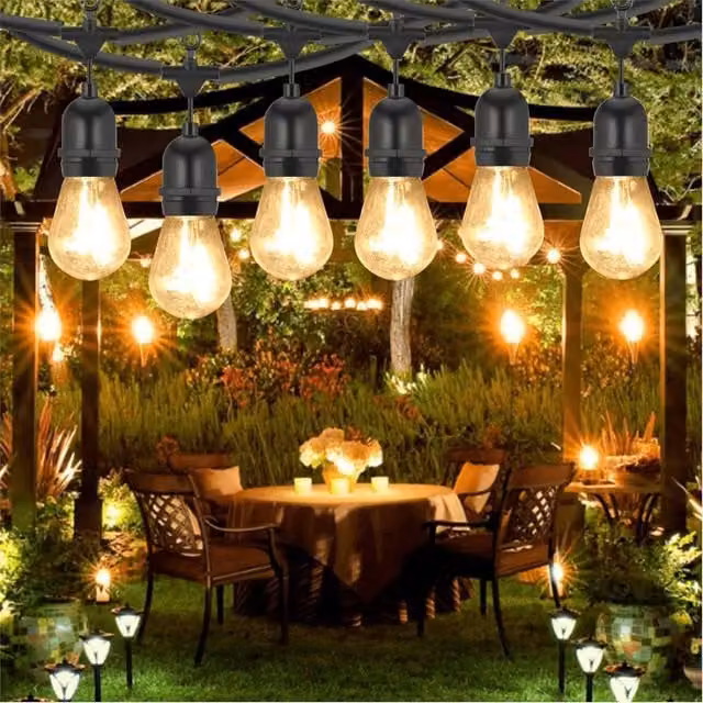 NESTLUNE Heavy Duty LED Outdoor Festoon String Lights, E27, IP65 Waterproof, Warm White, 10m, Black