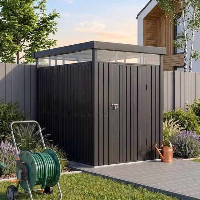 Breeins Anthracite Metal Garden Storage Shed with Lockable Door and Window