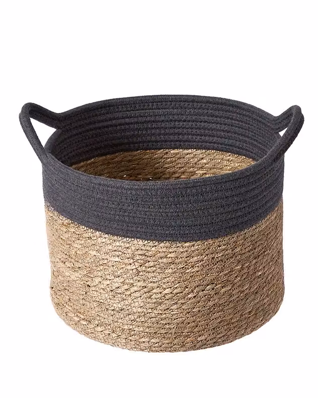 Dibor Traditional Seagrass Indoor Storage Basket with Handles, Grey and Sand Stripe, H: 24 cm, D: 39 cm – 2