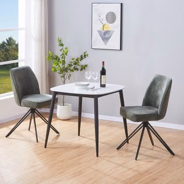 Aspen Gloss White Sintered Stone Square Dining Table and 2 Green Swivel Chairs